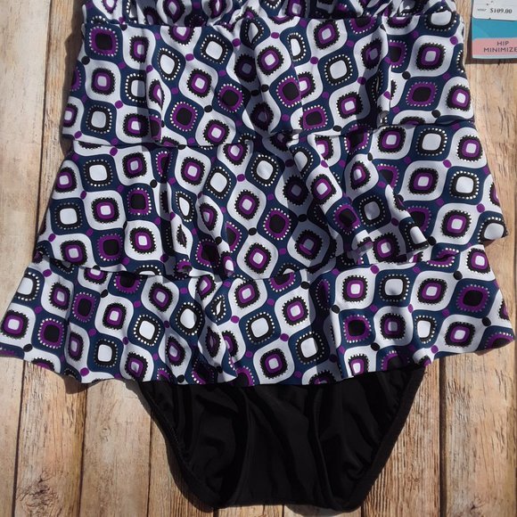 Swim Solutions Jewel Tiered‎ Tummy Control Swimsuit Purple Black - Picture 4 of 11